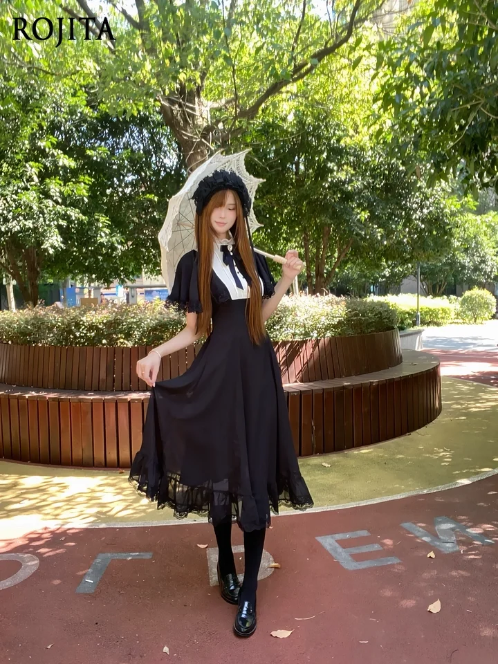 

Short Sleeve Lolita Long Dress for Women 2025 Summer New Mass-Produced Japanese Subculture Harajuku Clear Lace Black Dress