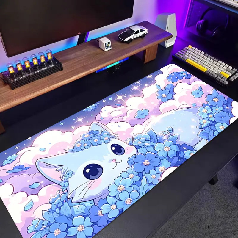 Large Purple Clouds Cat Mouse Pad Cute Macaron Color Gaming Desk Mat XXL Non-slip Rubber Base Washable PC Pads for Game & Office