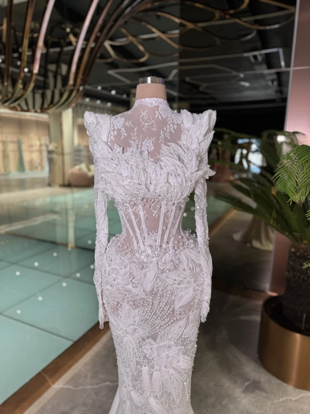 Attractive Pearls 3D Floral Wedding Dress Gorgeous Lace Mermaid Long Bridal Gown Customized High Collar Dresses For Bride