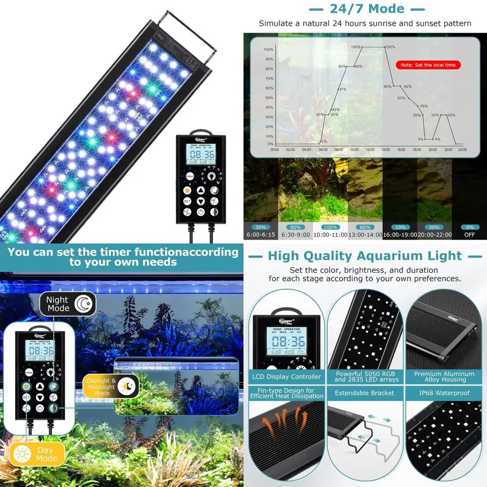 

Светодиодный светильник для аквариума 24/7 с ЖК-таймером, водонепроницаемый IP68, полный спектр для пресноводных аквариумов с растениями, регулируемая яркость