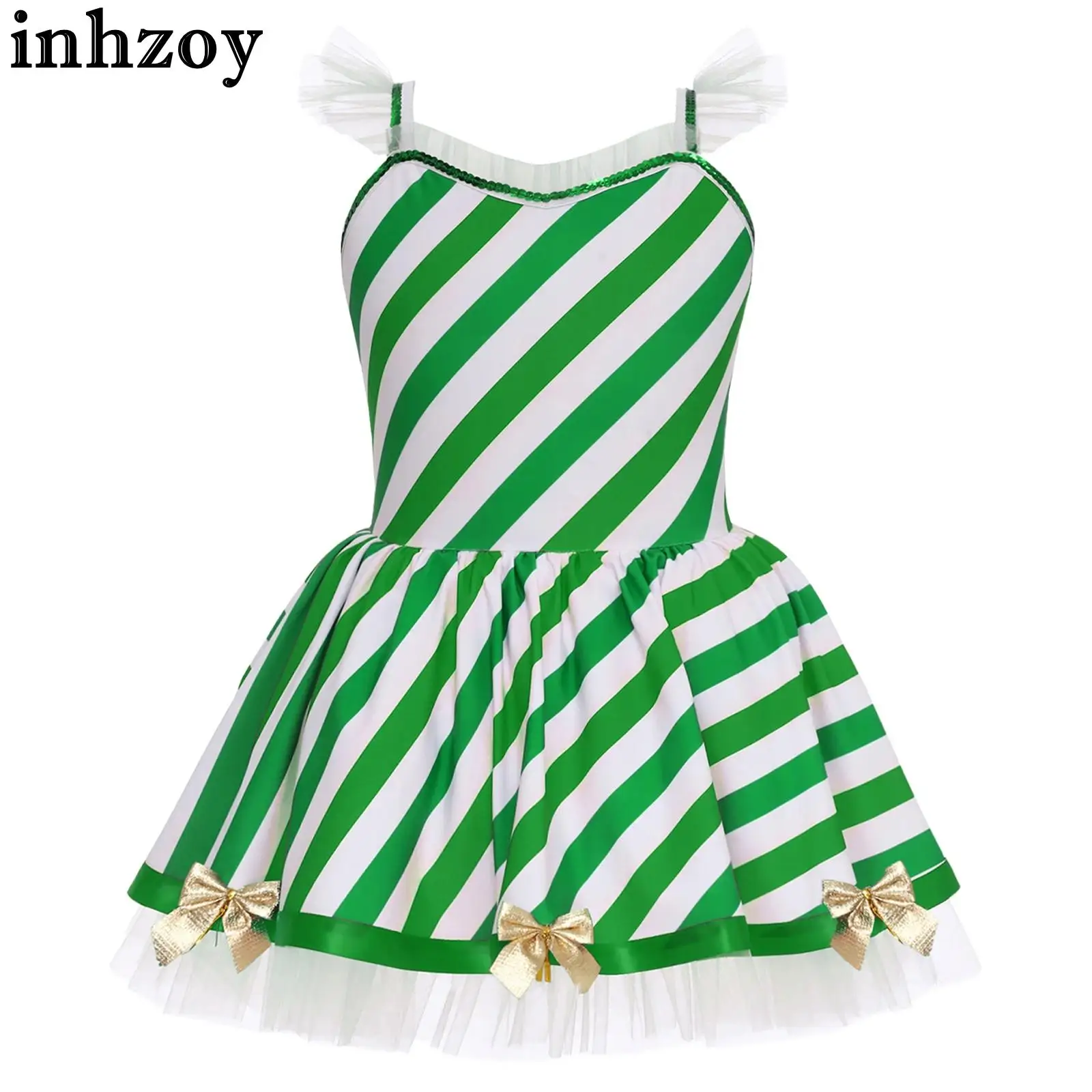 الأطفال الفتيات عيد الميلاد قصب الحلوى مخطط زي أكمام القوس شبكة سانتا قزم يوتار توتو الشكل التزلج فستان رقص الباليه #1