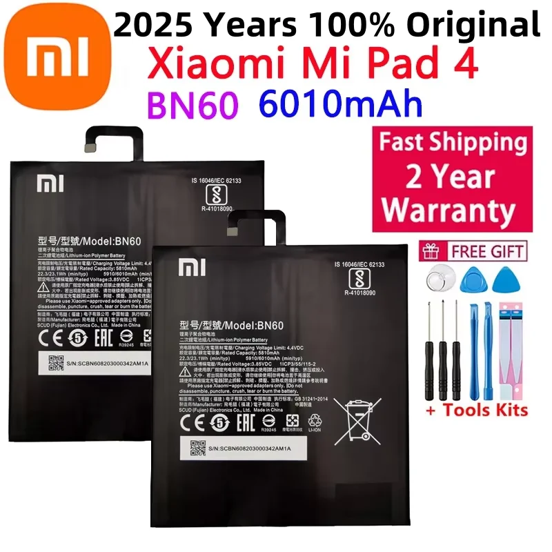 

Fast Shipping 2025 Years 100% Original Xiao mi BN60 Battery For Xiaomi Pad 4 Tablet Pad4 MiPad4 6010mAh High Capacity Bateria