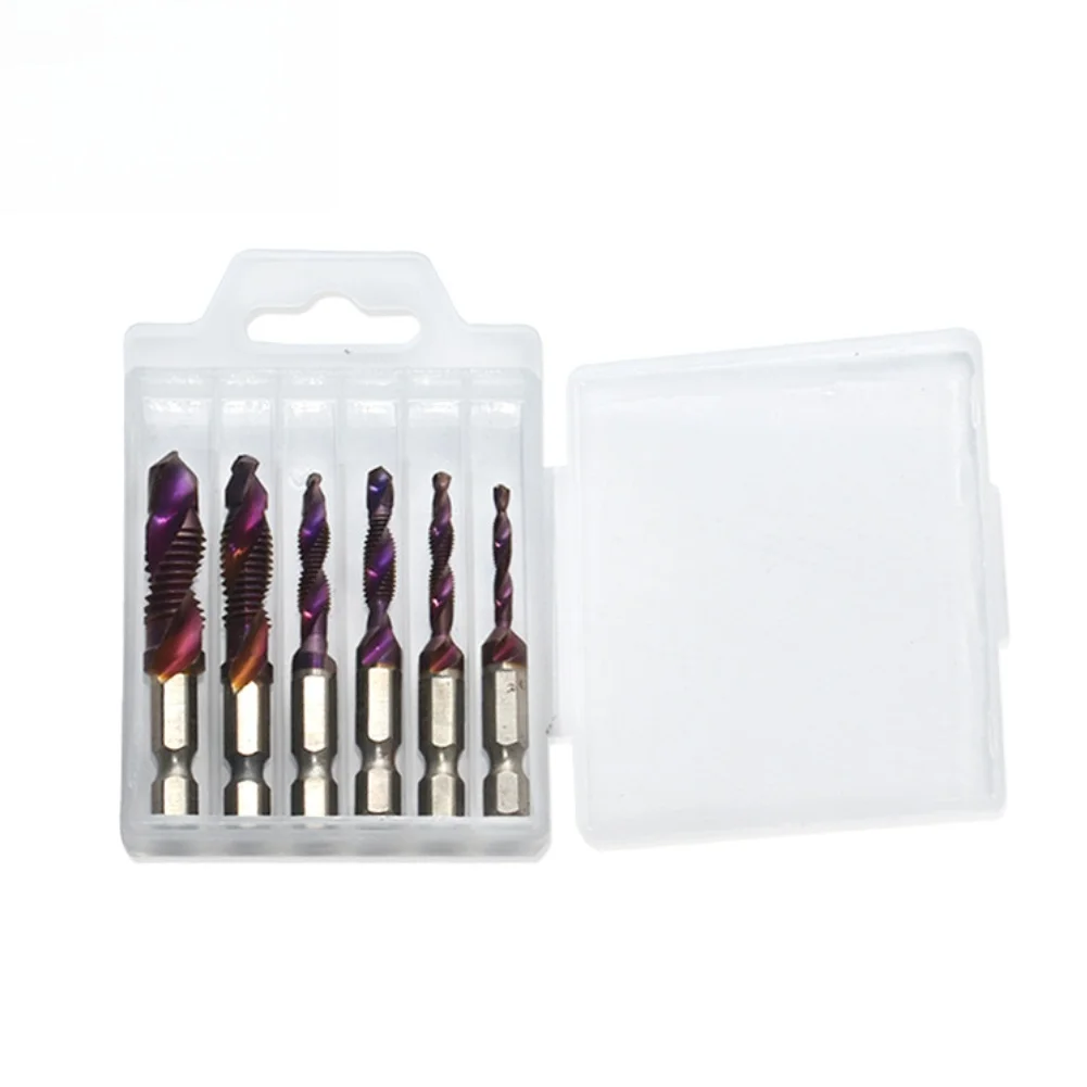 6pcs HSS Tap Drill Bit Set 1/4 Hex Shank for M3 M5 M6 M8 M10 Drilling Tapping Chamfering Tool Compatible with Bench Drills