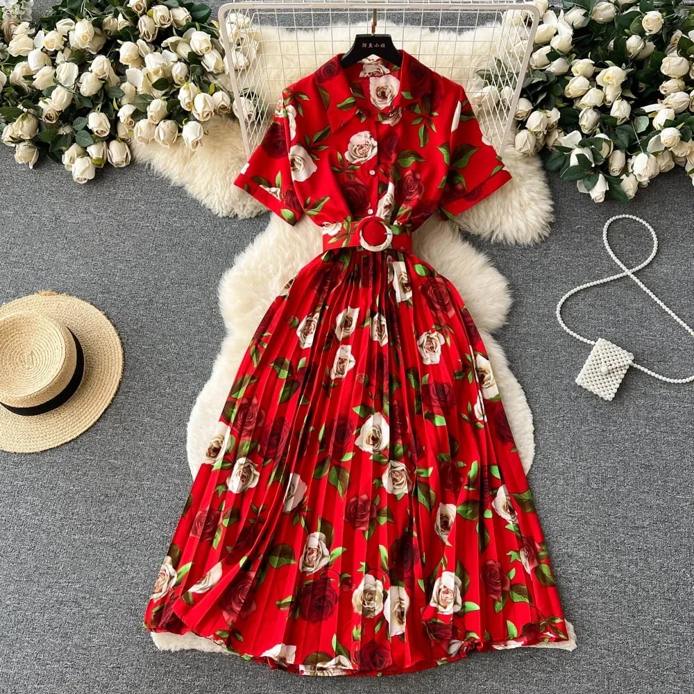 2024 Summer Women Floral Pleated Dress Vintage Turn-Down Collar Short Sleeve Single Breasted Printed Draped Midi Vestidos New