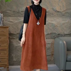 2024 Spring and Summer Women's New V-Neck Patchwork Fashion Solid Color Pockets Casual Versatile Loose Sleeveless Strap Dress