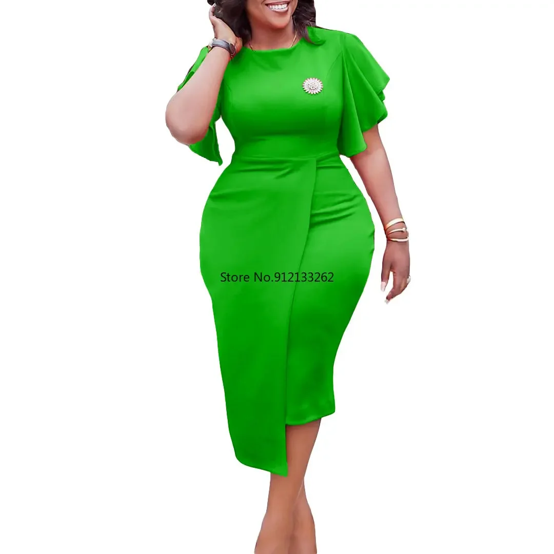 Women's Plus Size Summer New Solid Color High Waist Temperament Commuting Slim Models Round Neck Ruffle Sleeve Office Dresses