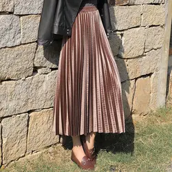 Women  Long Pleated Skirt A-line Dress Women Clothing High Waist Beach Elegant Chic Design Autumn Winter Loose New Girl Solid