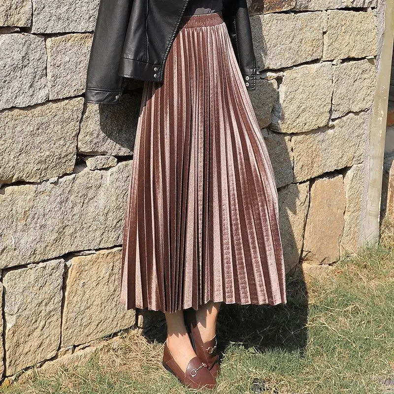 Women  Long Pleated Skirt A-line Dress Women Clothing High Waist Beach Elegant Chic Design Autumn Winter Loose New Girl Solid