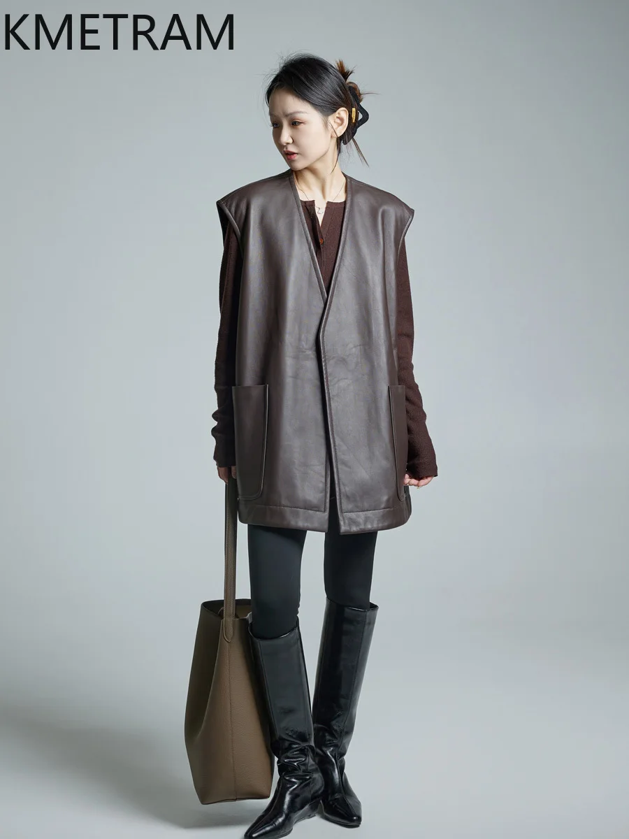 KMETRAM 100% vera pelle di pecora sottile gilet di cotone spalla larga rosso allentato cappotti in vera pelle donna 2025 autunno di media lunghezza пьто