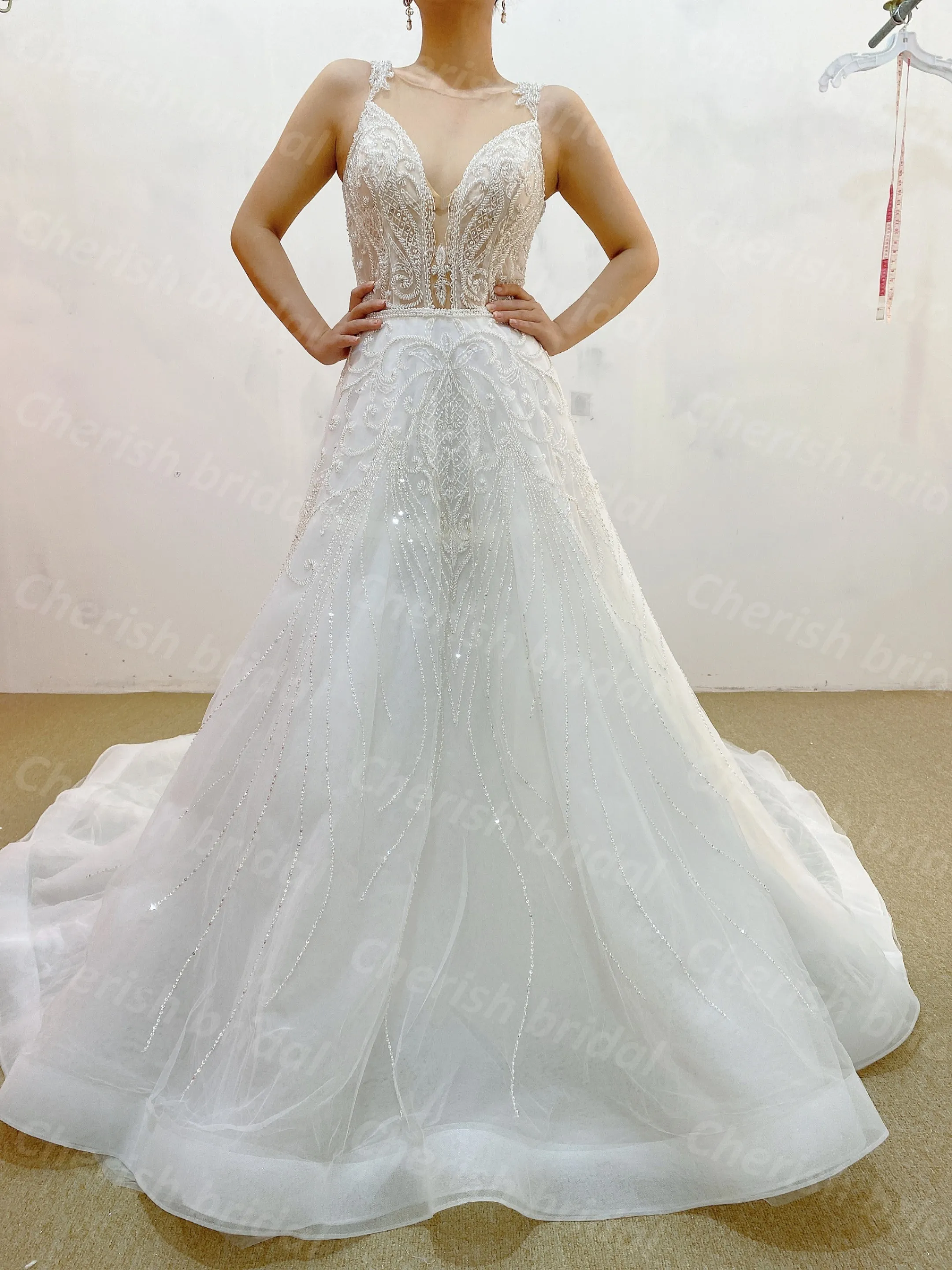 

C3076A Elegant Spaghetti Straps Lace Beading and Sequin Wedding Dress for Bride, V-neck Zipper Back A-line Bride Dress