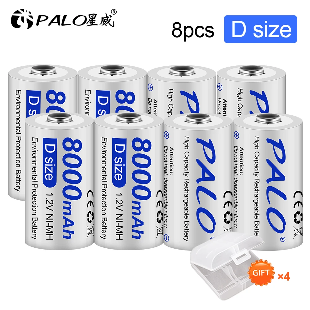 PALO D Size Rechargeable Battery 8000mAh D Cell D -Type Battery R20 LR20 Ni-MH Battery For Flash Light,Gas Stove,Water Heater