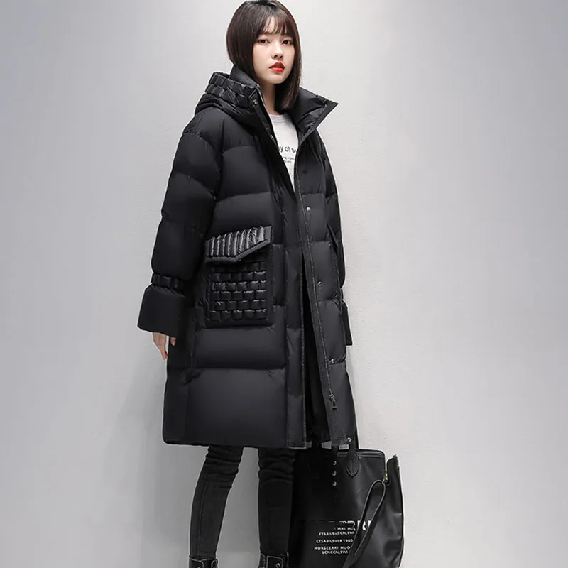 Winter Fashion Warm Black Down Jacket Womens Korean Loose 90% White Duck Down Coat Long Thick Snow Female Hooded Parker Overcoat