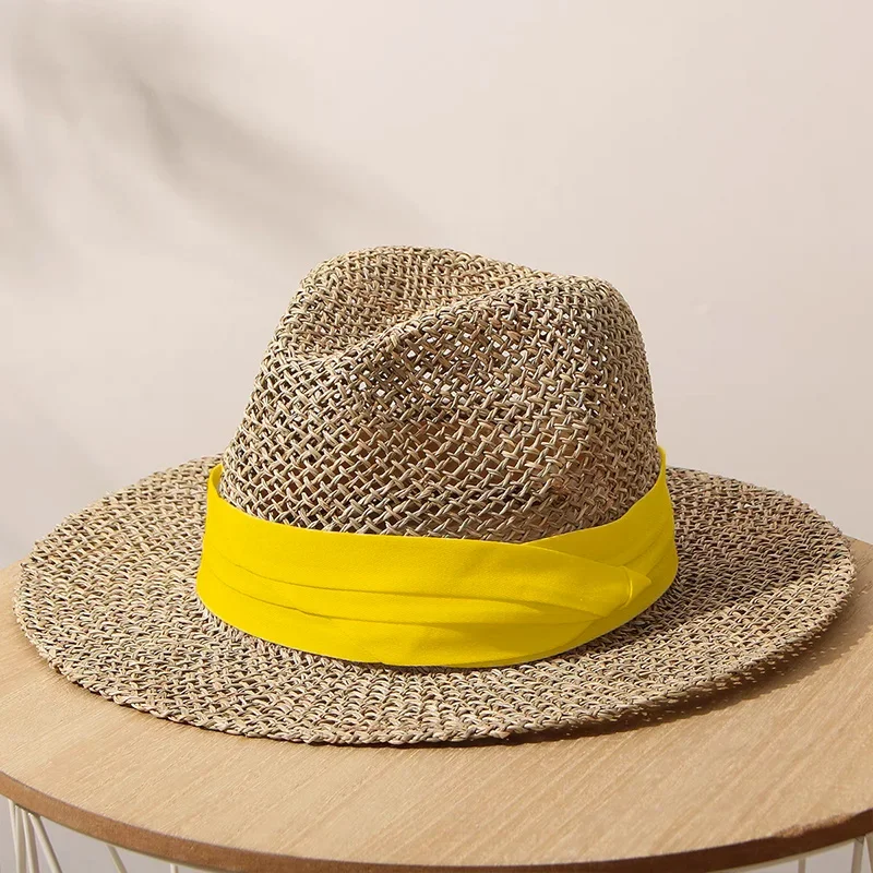 

summer straw hat for women ladies Luxury Sun hat Fedora summer hat beach hat French Panama hat Wide Brim men cap colorful strip
