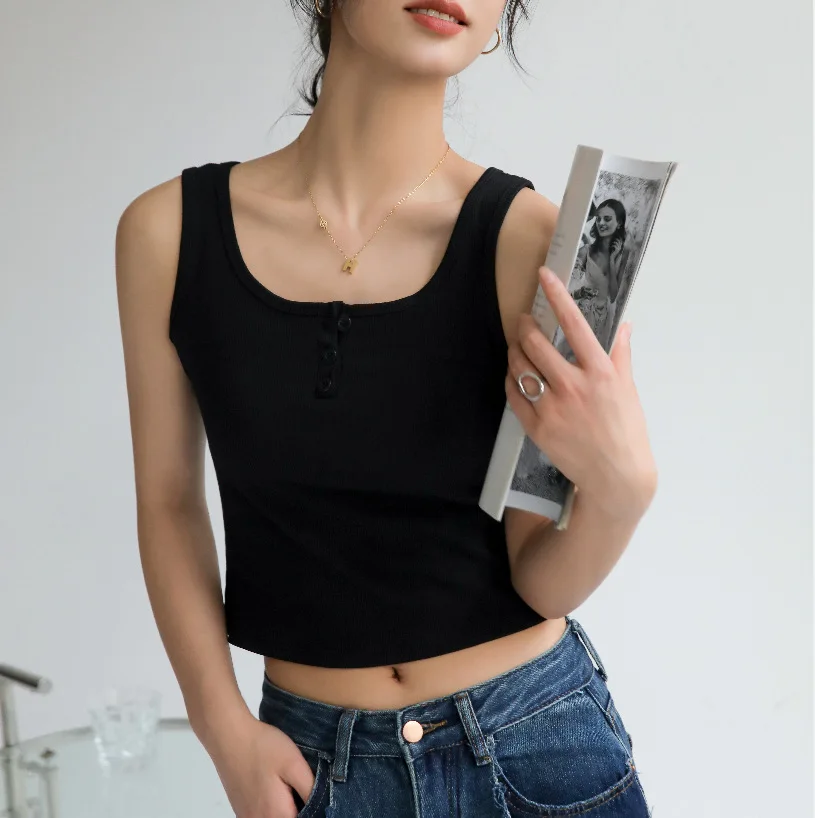 تانك الأعلى للنساء مضلع زر أسفل بلوزة بلا أكمام بلون عارضة المرأة المراهقين العصرية الأساسية الصيف بروتيل #5