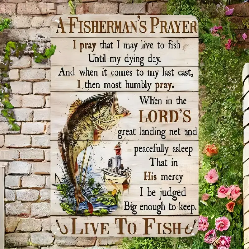 Vintage Metal Tin Sign, Fisherman’s Prayer Bass Fish & Boat Design - Retro Wood - Like Wall Art, Iron Material, Rustic Fishing T