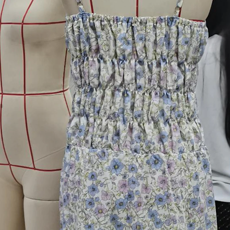 2025 Abito lungo smock senza maniche da donna Abito da vacanza senza maniche con cinturino per spaghetti a righe/stampa floreale