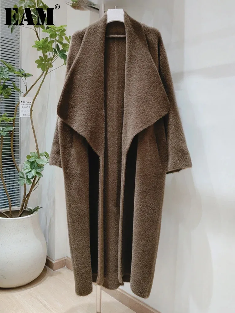 EAM Brown Big Size Thick Long Knitting Cardigan Sweater Lapel Long Sleeve Women New Fashion Tide Spring Autumn 2024 1DH8590