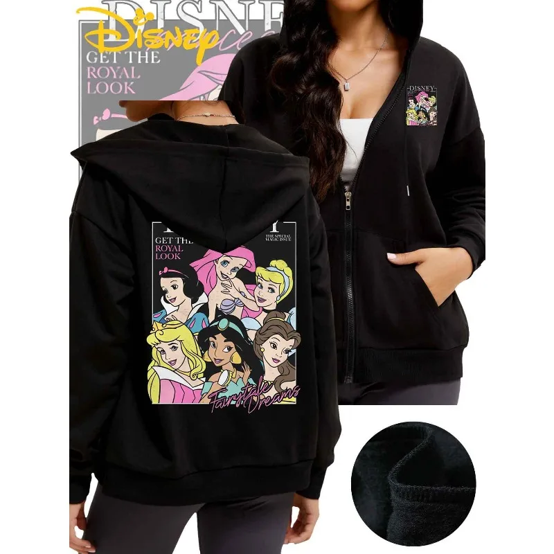 Novo outono e inverno disney moda zíper hoodie requintado princesa impressão confortável solto de manga comprida moletom feminino