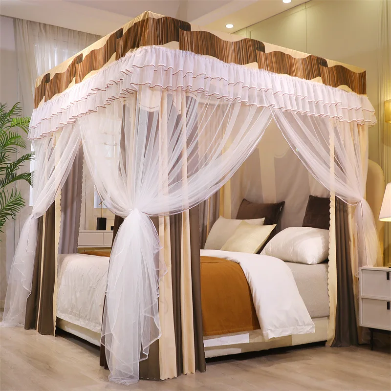 Square Color Blocking Design Three Door Bed Curtain (No Bracket) Household Encrypted Thickened Blackout Curtain Mosquito Net