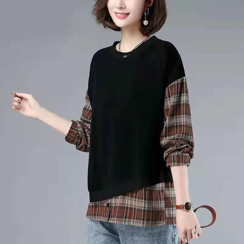 Fashion Spliced Fake Two Piece Plaid Shirt Women\'s Clothing Autumn New Oversized Casual Pullovers All-match Korean Blouse