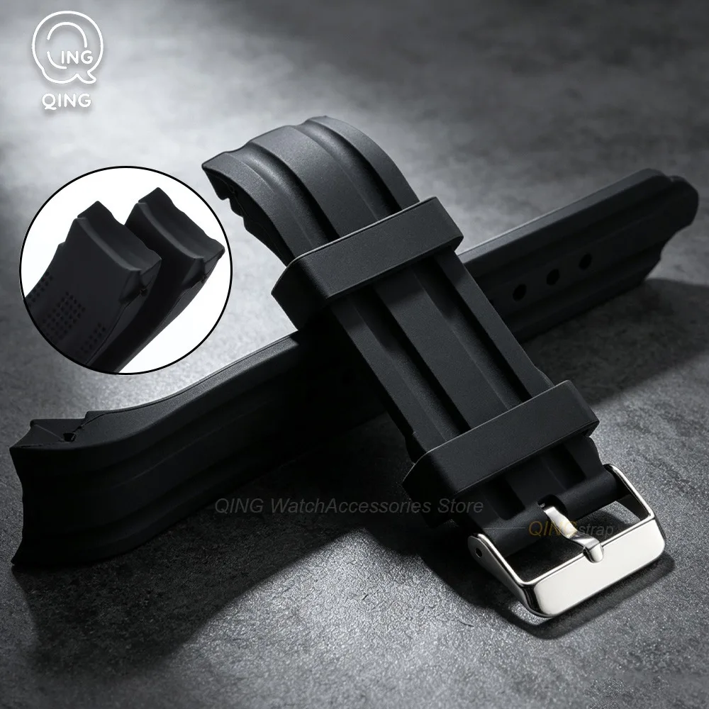 18 20 22 24mm Curved End Silicone Watch Band Accessories Thick Soft Silicone Rubber Arc Elbow Strap Sport Waterproof Wrist Belts