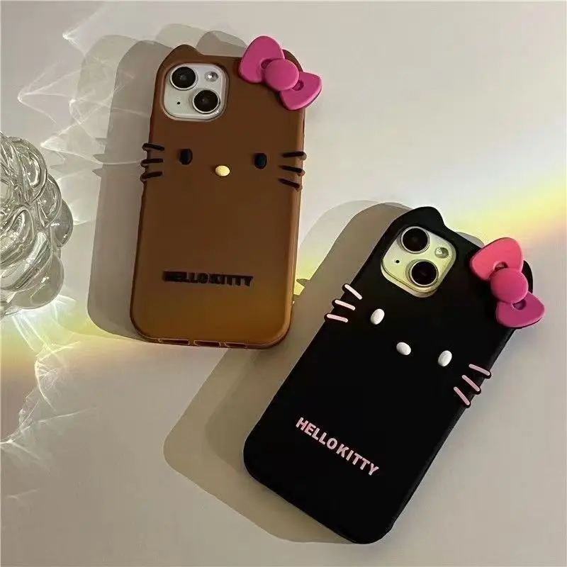 

Мультяшный 3D-силиконовый мягкий чехол Hello Kitty с бантом, полностью закрывающий телефон, для iPhone 17 Pro Max 16 15 12 13 14 Plus, подарок для девочек на праздник