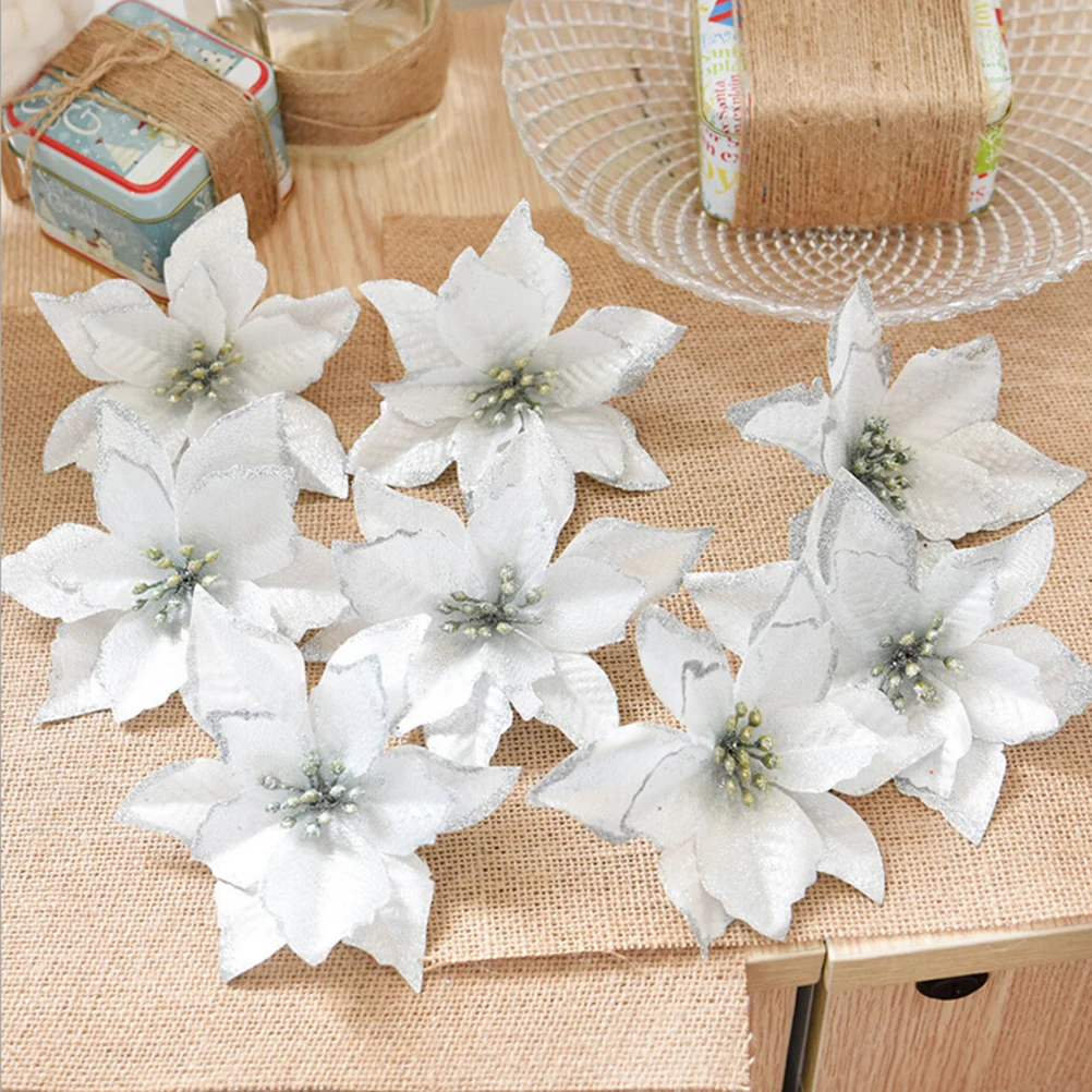 

13Cm Christmas Flower Decor Glitter Artificial Flowers For Xmas Tree Wedding Decoration Silver Fake Floral Ornament Party
