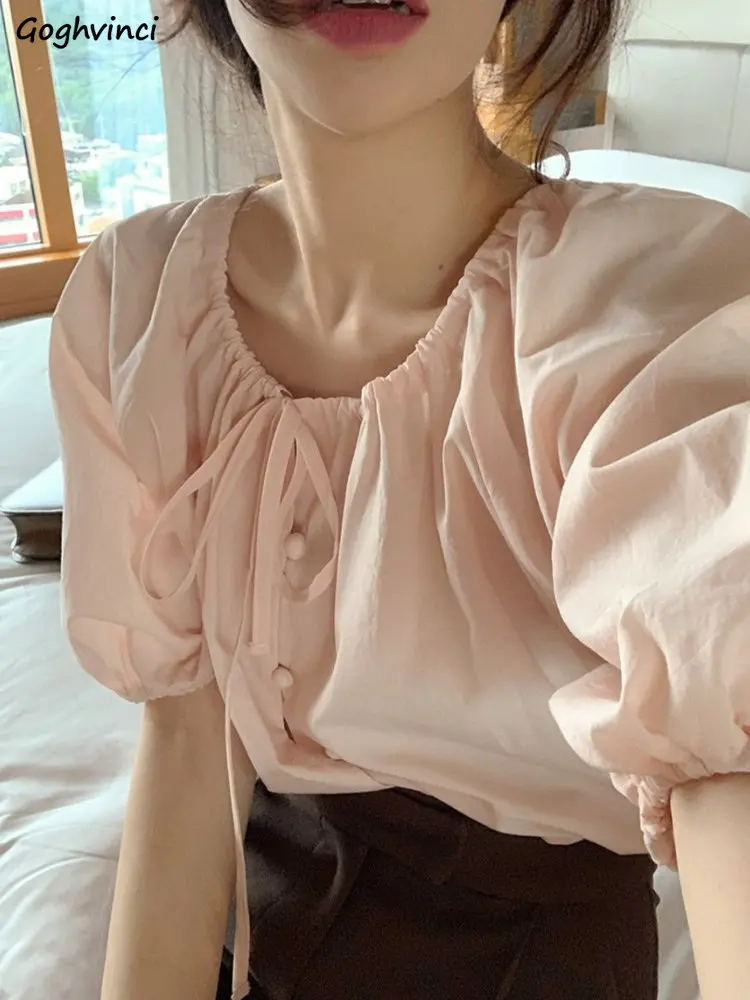 

Short Puff Sleeve Shirts for Women Solid Lace-up O-neck Design Tender Korean Style Camisas Mujer Summer All-match Casual Fashion