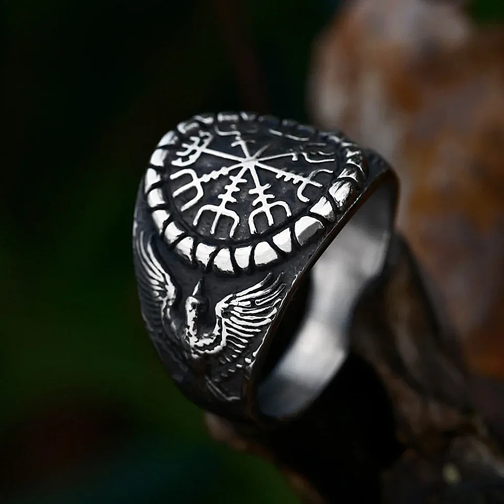 Vintage Viking Odin Raven Ring Stainless Steel Nordic Compass Ring For Men Fashion Animal Amulet Jewelry Gifts Dropshipping