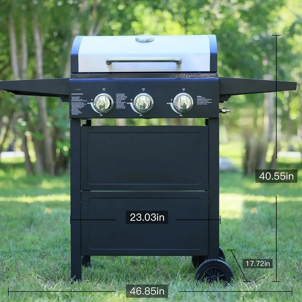 Propane 3-Burner Gas Grills, BBQ Grill with Thermometer, 30000 BTU Barbecue Grill with Flodable Rack, Outdoor BBQ Grill