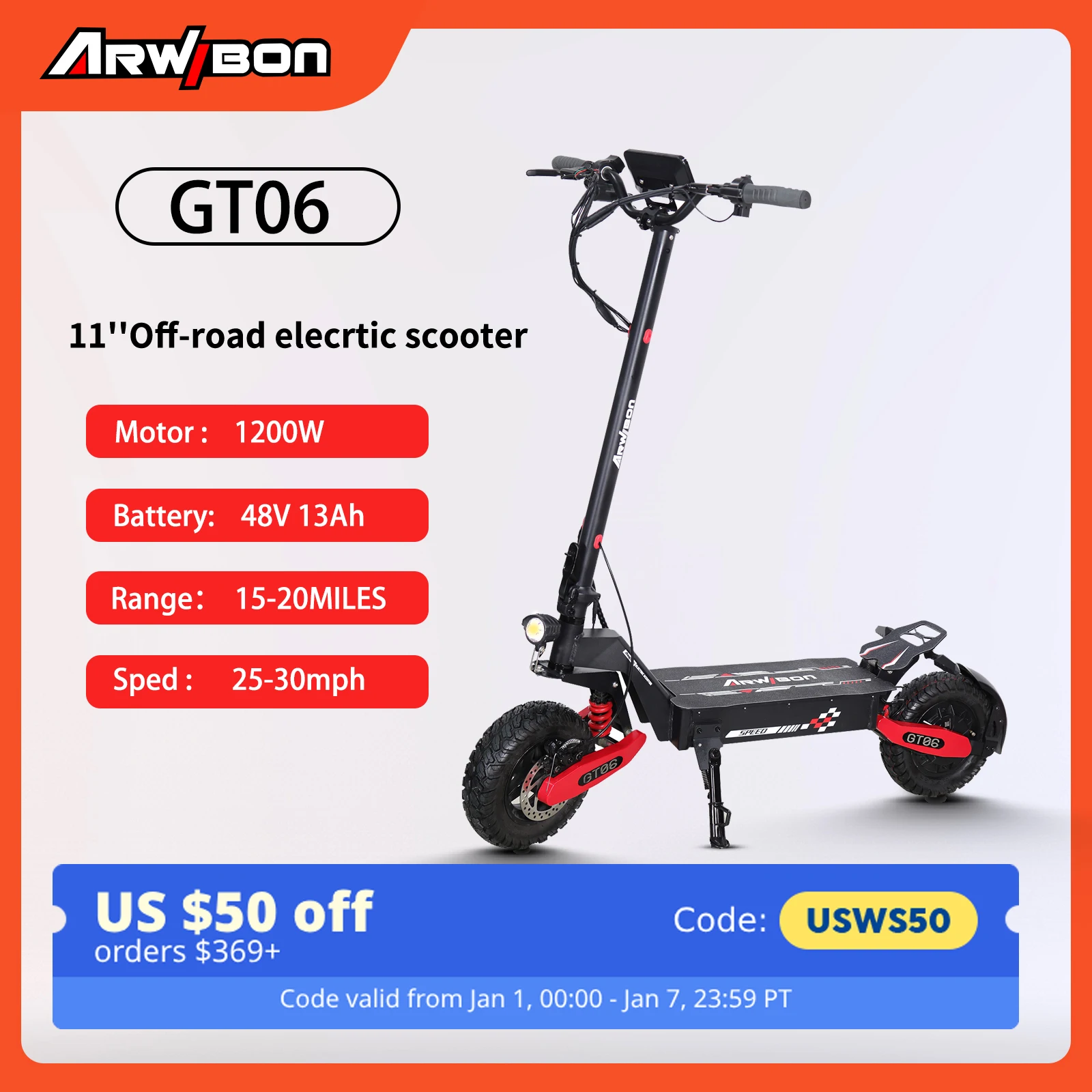 Arwibon GT06 Adult Electric Scooter, Speed up to 30 MPH, 48V23.4AH , 11 Inch Off-Road  Tires, Foldable Sports Commuter E-Scooter