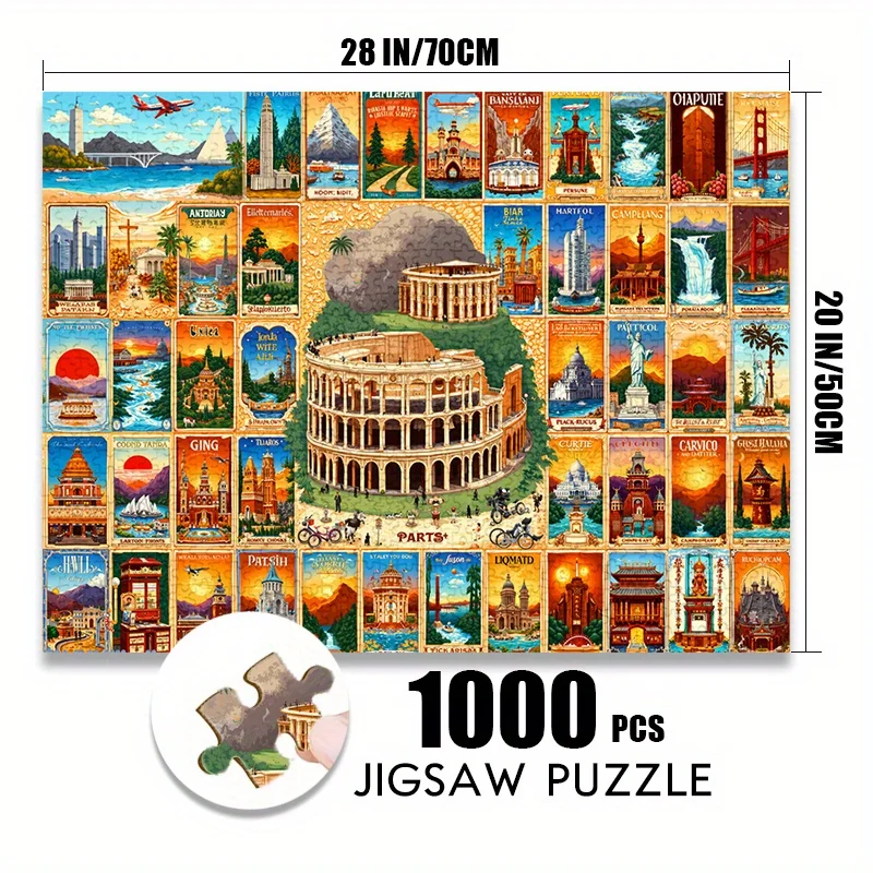 500/1000pcs Paper Jigsaw Puzzle Vintage World Landmarks Map Large Puzzle Toy Adult Game Gift Family Interactive Game Puzzle DI