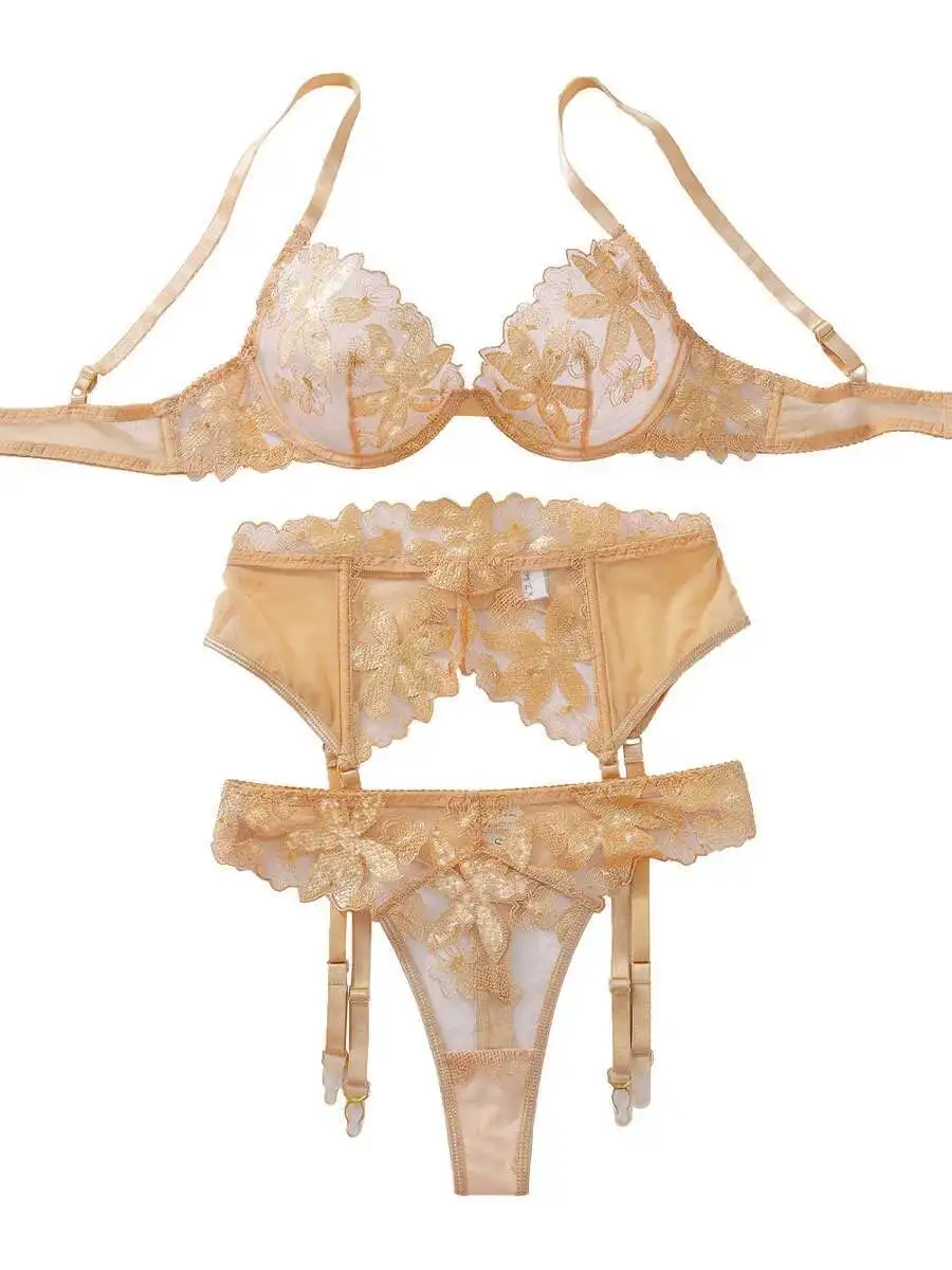 Nowy trzyczęściowy zabawny zestaw złote kwiaty haftowane czyste pragnienie przezroczyste seksowne szelki bez rękawów pas body zestawy dzikie QO8F