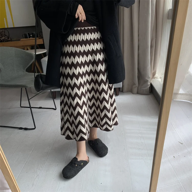 

Ретро-юбка миди А-силуэта с цветными блоками и вязаным узором, женская, осенне-зимняя, новая модель, дизайнерская, модная, юбка-солнце