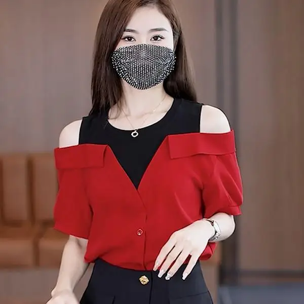 Red Blouse Women Short Sleeve Off Shoulder Shirt Korean Style New Design 2024 Fashion Casual Tops