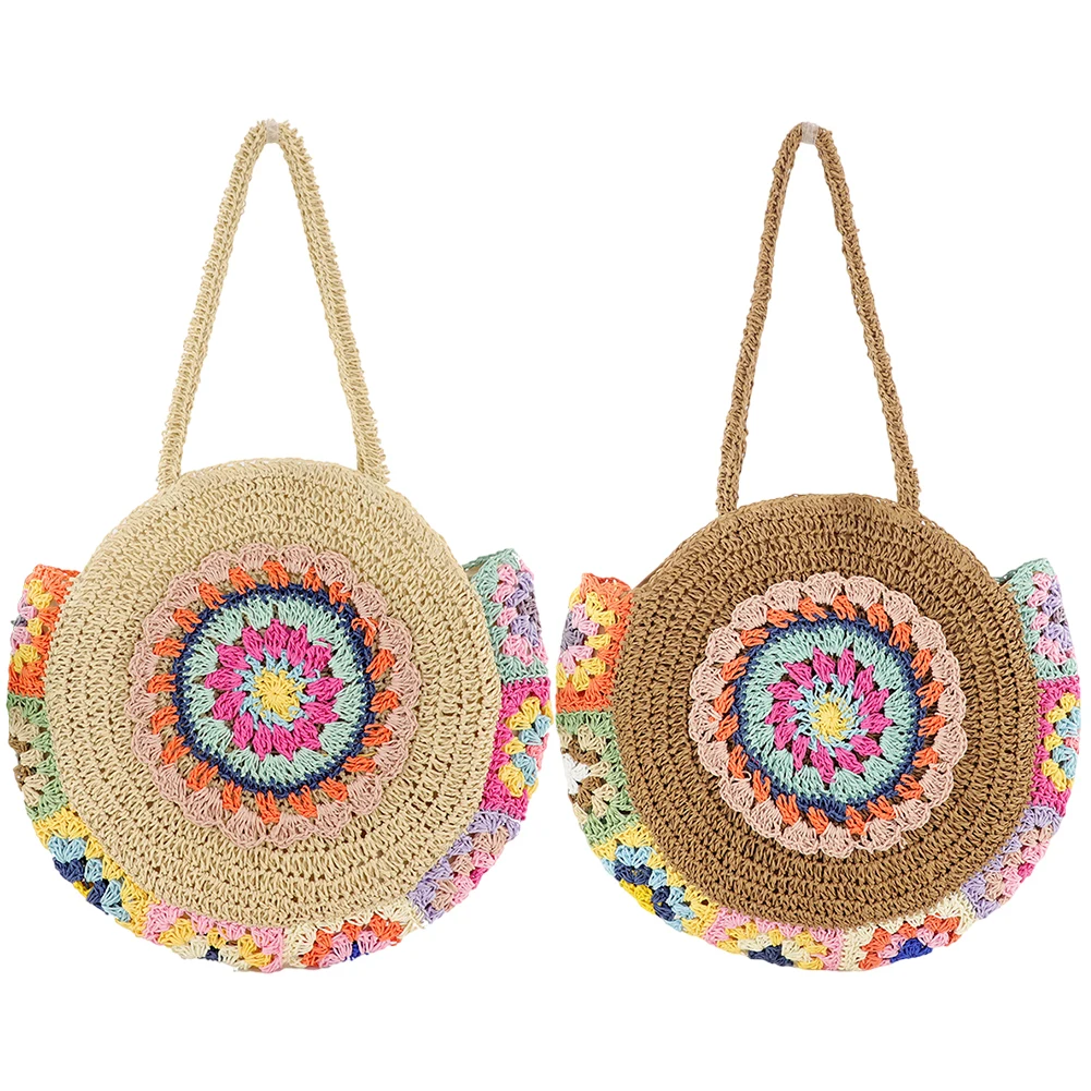 Women Summer Beach Bags Round Straw Woven Tote Bag Weaving Shoulder Bag Large Capacity Ethnic Style for Travel Vacation