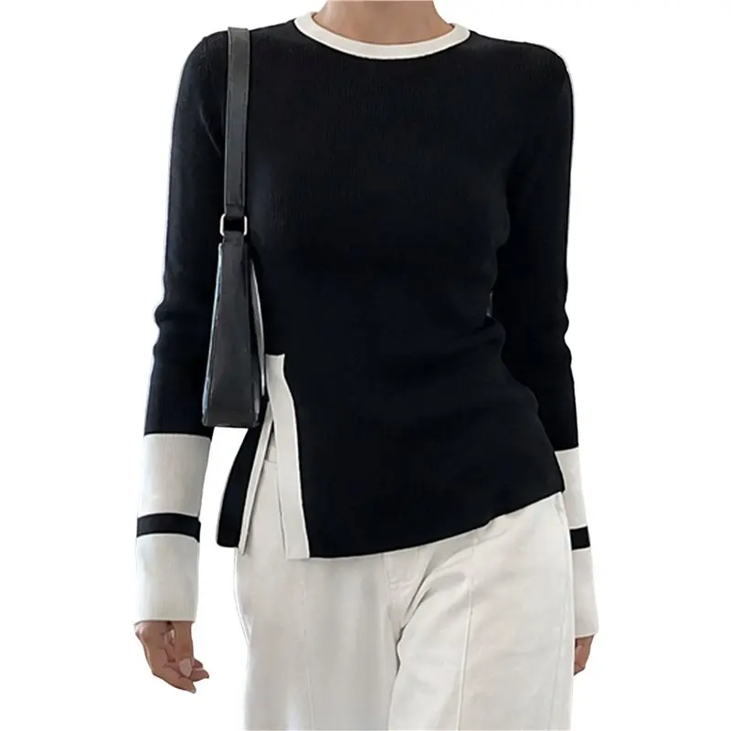 CYL-Women Color Block Crew Neck Striped Cuff Side Slit Slim Fit Long Sleeve Knit Top