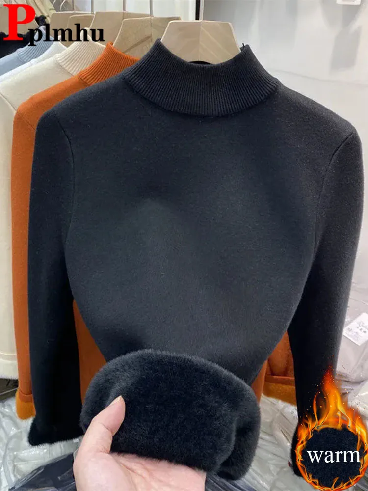 

Slim Half Turtleneck Knitted Sweater Women Knitwears Velvet Lined Jumper Winter Warm Thicken Pullovers Soft Jersey Suete Tops