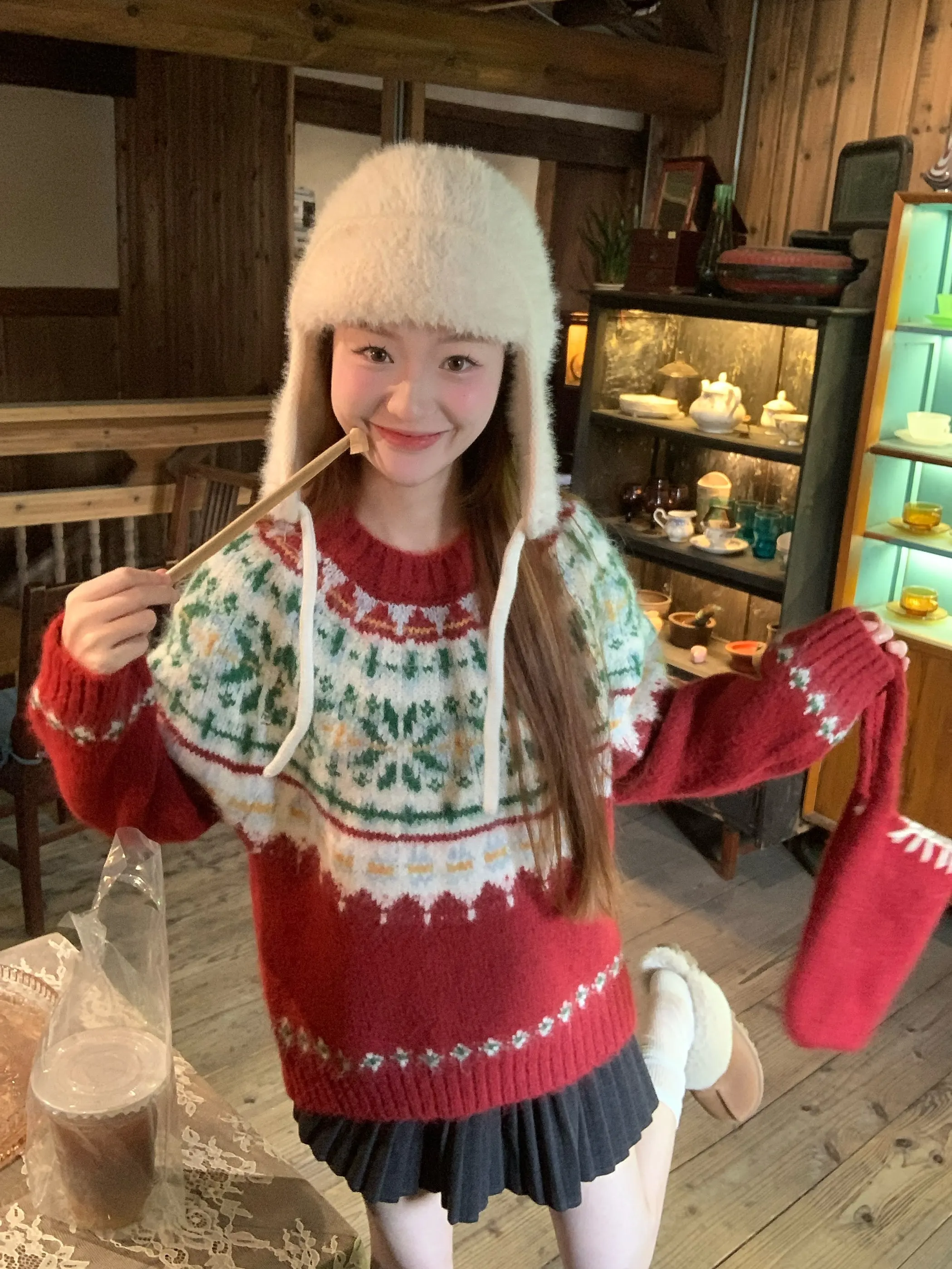 

Ретро-свитер с круглым вырезом и узором Fair Isle, красный, женский, весенний, свободный крой, стройнящий, стильный топ, удобный, из мягкой ткани