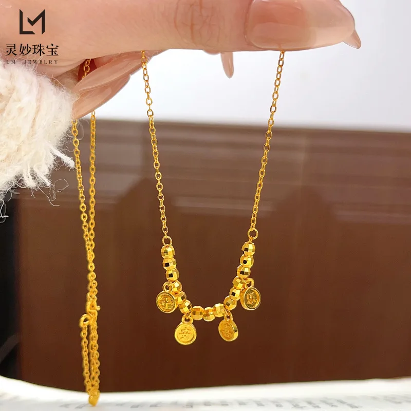 9999 24K real gold store, same style women's gold necklace, transfer beads, small round brand, girlfriend gift, luxury jewelry