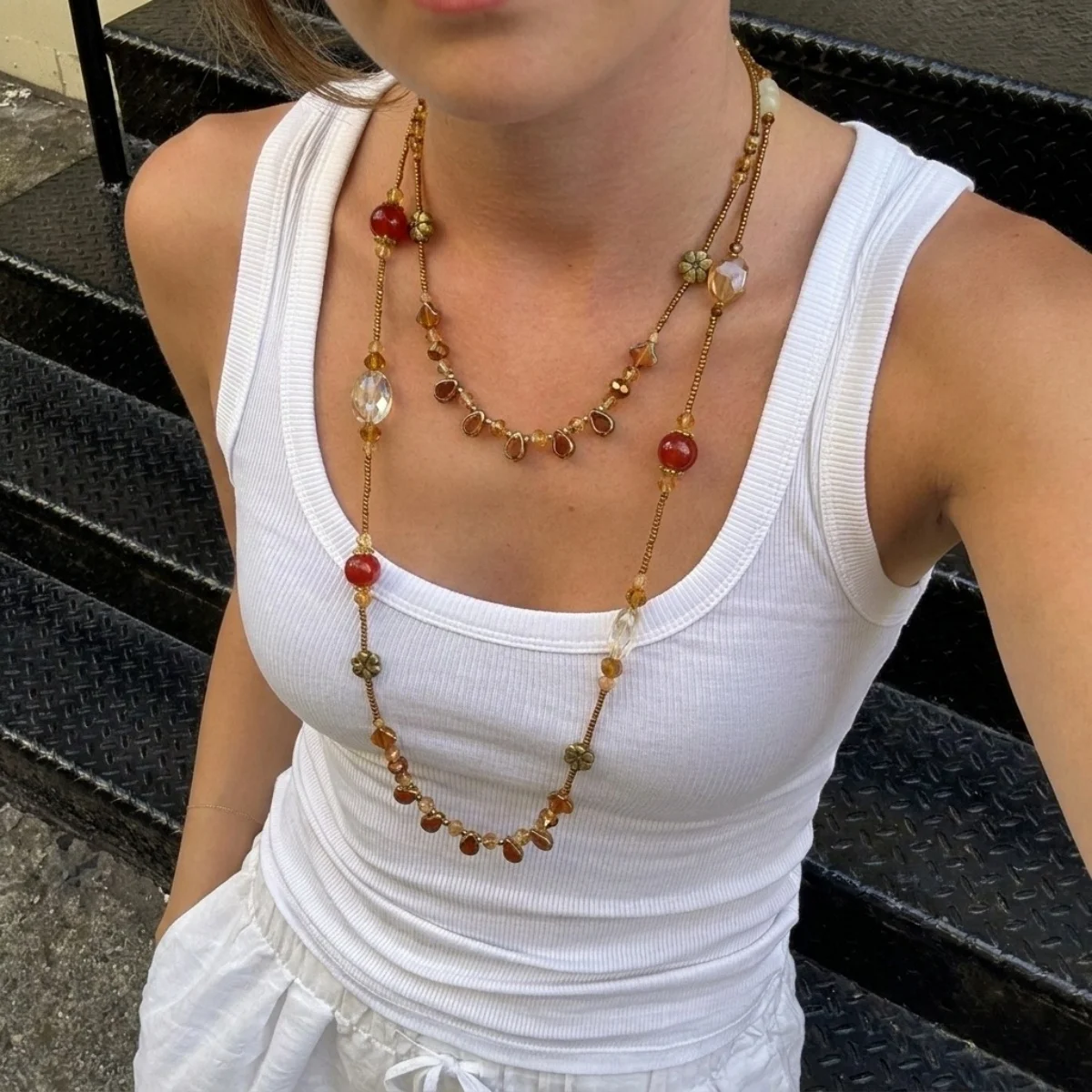 Vintage Bohemian Kristallblumen Lange Mehrlagige Halskette für Damen und Herren, Mehrfarbige Kristallperlen, Blumen-Charm-Choker, Partyschmuck – Detail 22