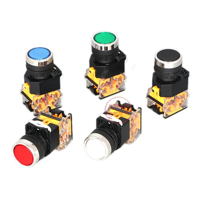 LA38-11BN Flat Head Pushbutton Switch 22mm 1NO 1NC Momentary Push Button Switches Black Blue Green Red White Yellow