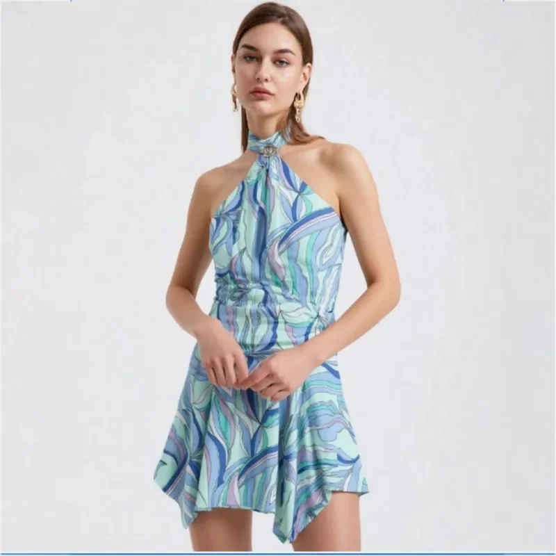 2026 Women's Summer New Fashion Vacation Chic Abstract Print  Mini Dress Halter Neck Sleeveless Ruched Waist Elegant Dresses