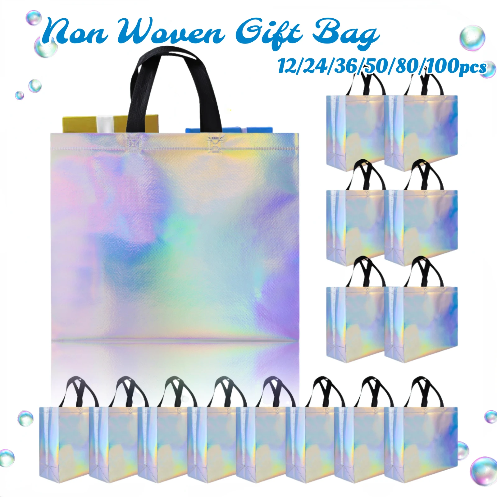 

100-12pcs Iridescent Glossy Gift Bags Non-woven Reusable Goodie Bags Wedding Party Favor Gift Bag For Birthday Xmas Fabric Bag