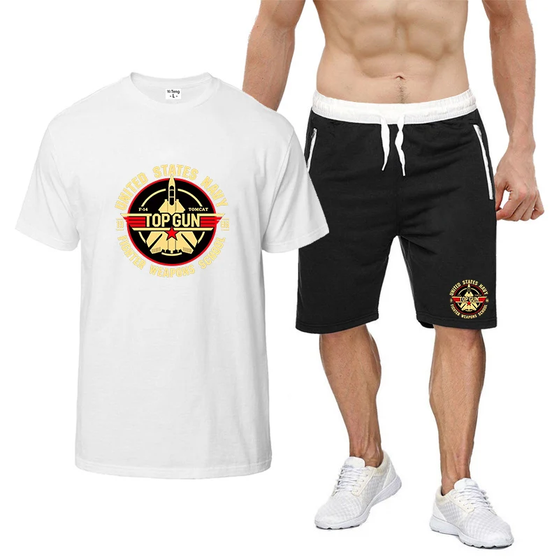 2026 Summer Men's Comfortable Bestselling Suits Top Gun US Navy Fighter School Logo Print Premium Ice Silk Two-piece Set