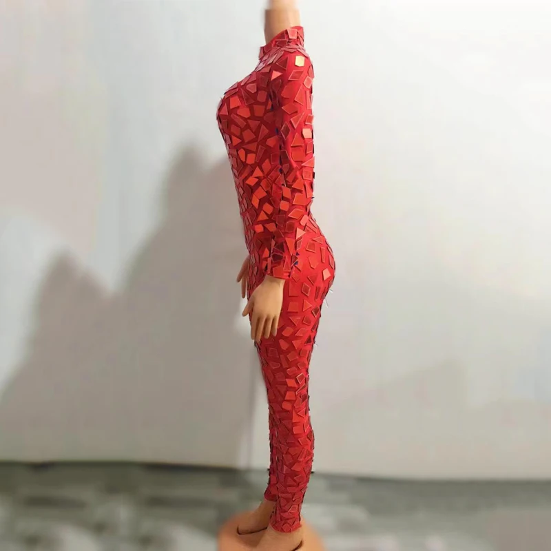 Red Mirrors sparkly Skinny Sequins Bodysuit Jumpsuit Nightclub Female Singer Pole Dance Clothing Stage Show Rave Outfit