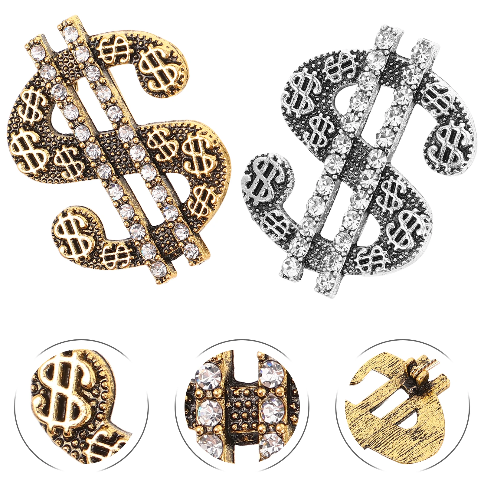 

2pcs Dollar Symbol Brooches Zinc Alloy Bling Money Pin Badges Men Clothing Decoration T Shirts Jackets Caps Sparkly