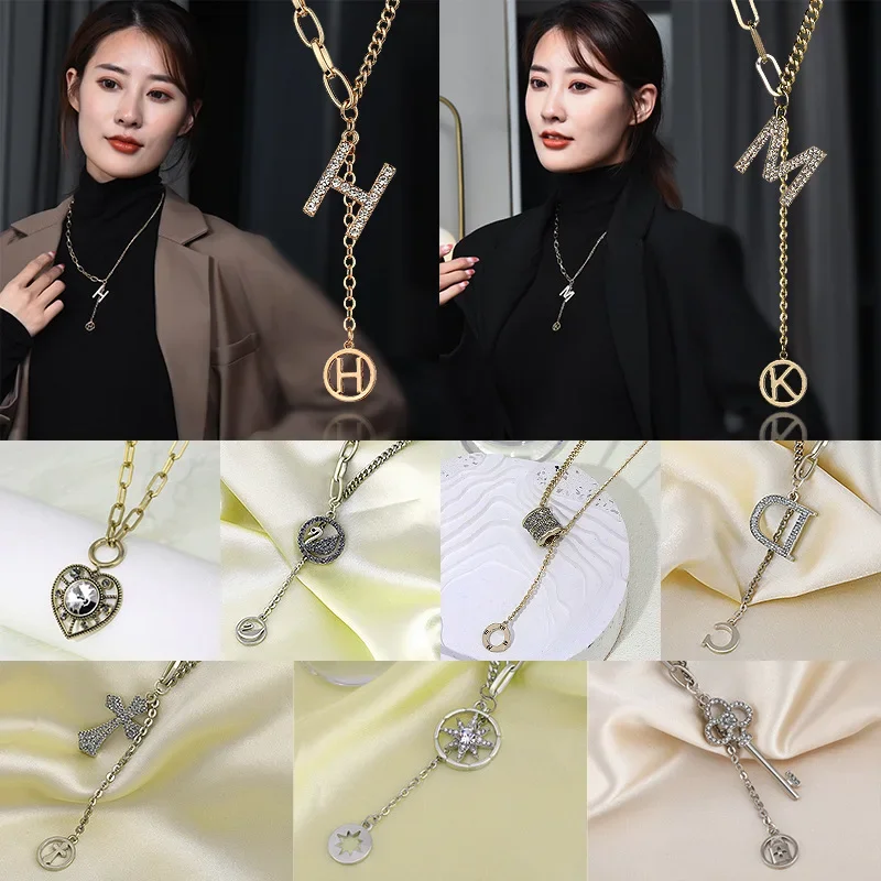 

Simple diamond-encrusted round plate letter titanium steel necklace for women, new style versatile mixed chain