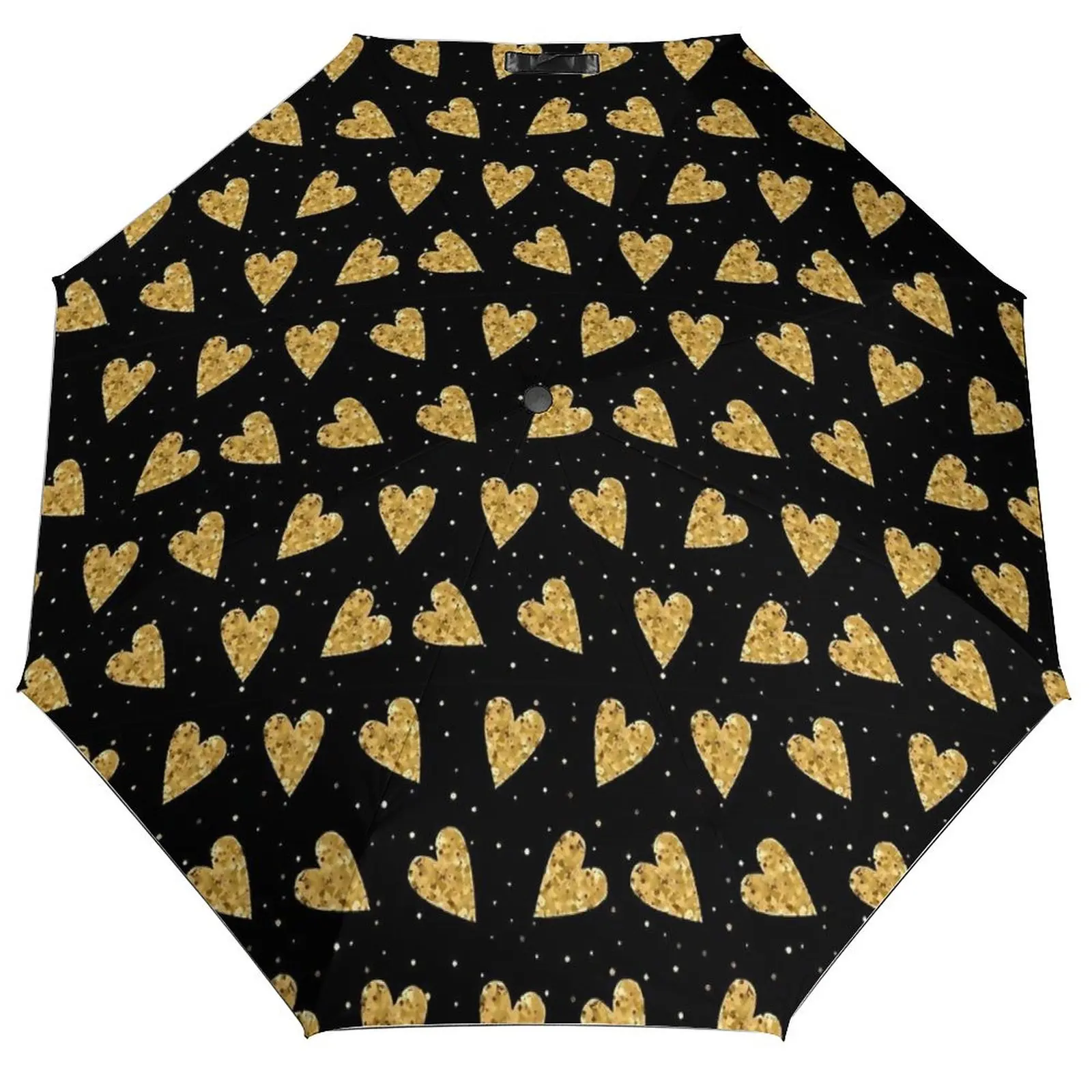 

8-Rib Three Fold Auto Umbrella UV Protection Sunshade Gold Hearts Print Umbrella Garden Fashion Fold Lightweight Umbrellas