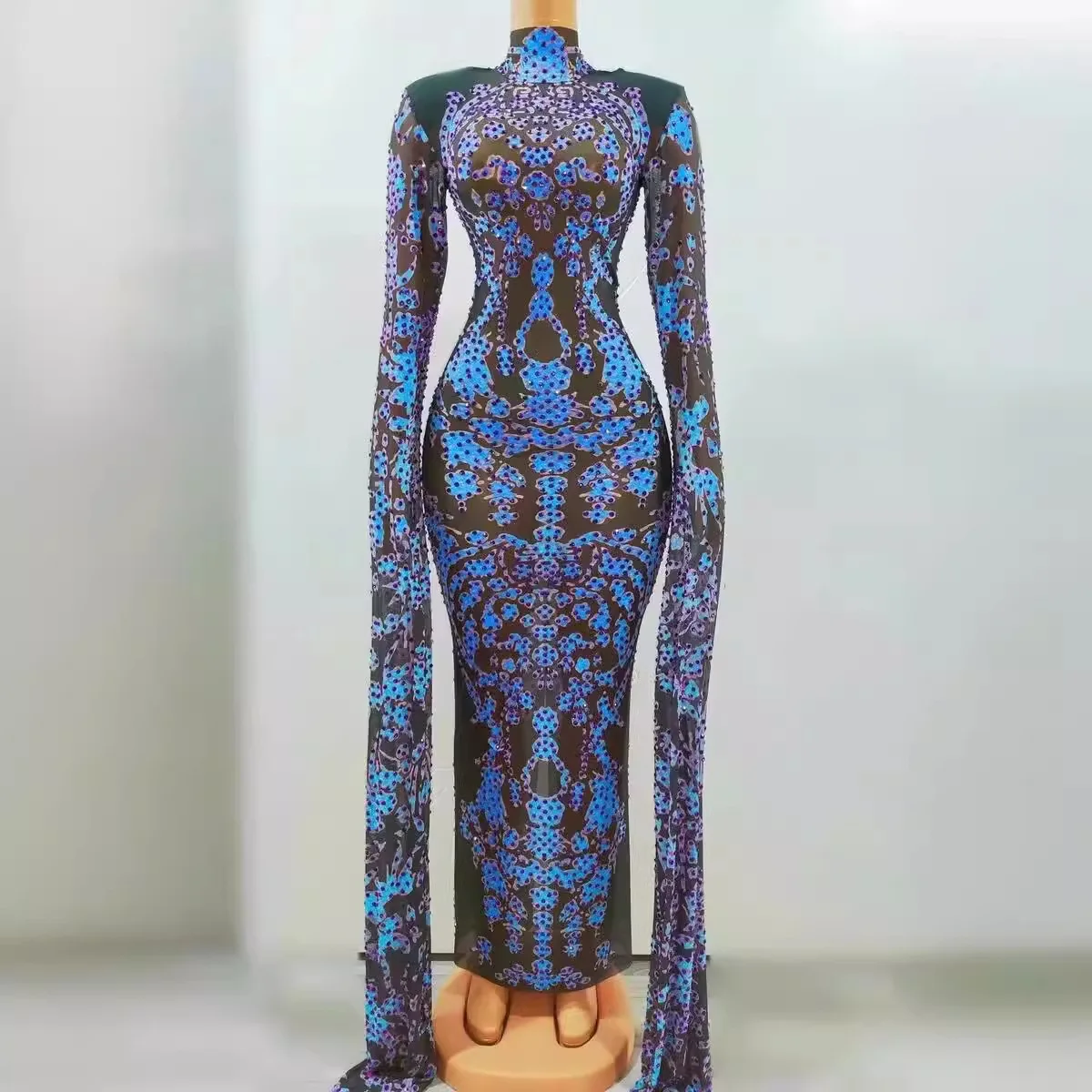 الموضة الراقية الياقة المدورة متعدد الألوان حجر الراين بأكمام طويلة شبكة سوداء فستان أنيق Vestidos Elegantes Para Bodas Invitados